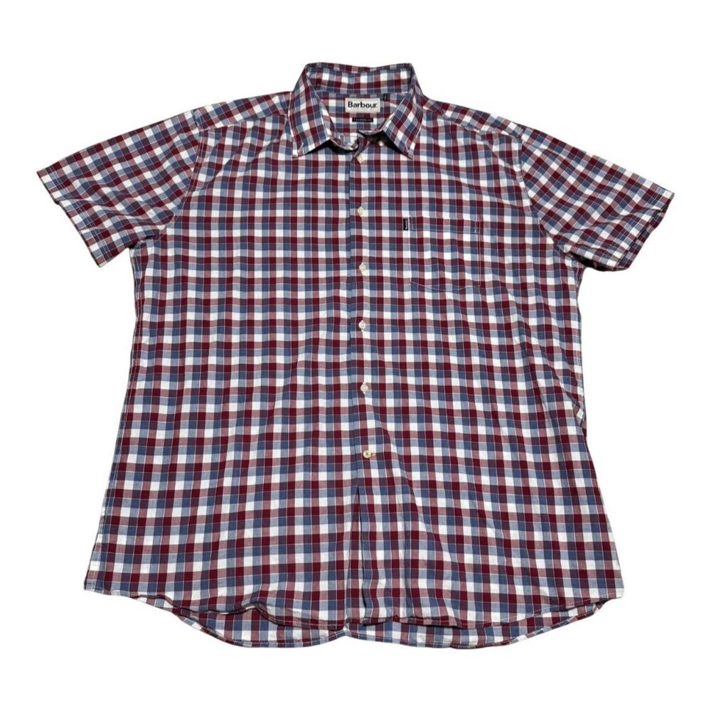 Barbour Cotton Blend Striped Checkered Button Up Short Sleeve Shirt Adult‎ 2XL